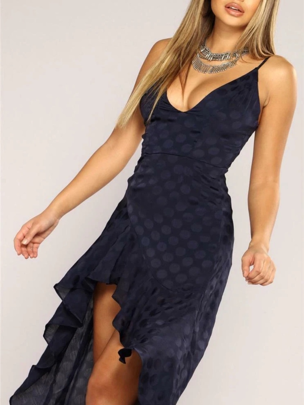 NWT Fashion Nova Navy Blue Polka Dot Hi-Low Ruffle Spaghetti Strap Dress